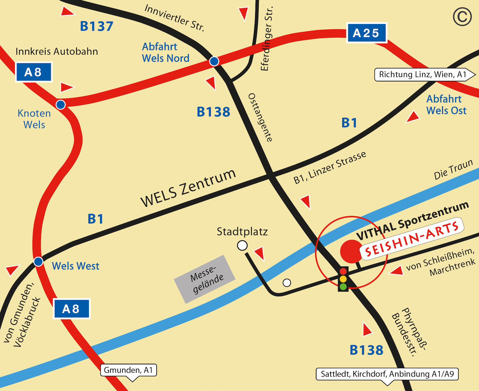 Anfahrtplan Thalheim bei Wels, Seishin-Arts Kampfkunstzentrum - Ninjutsu, Kenjutsu Schwertkampf
